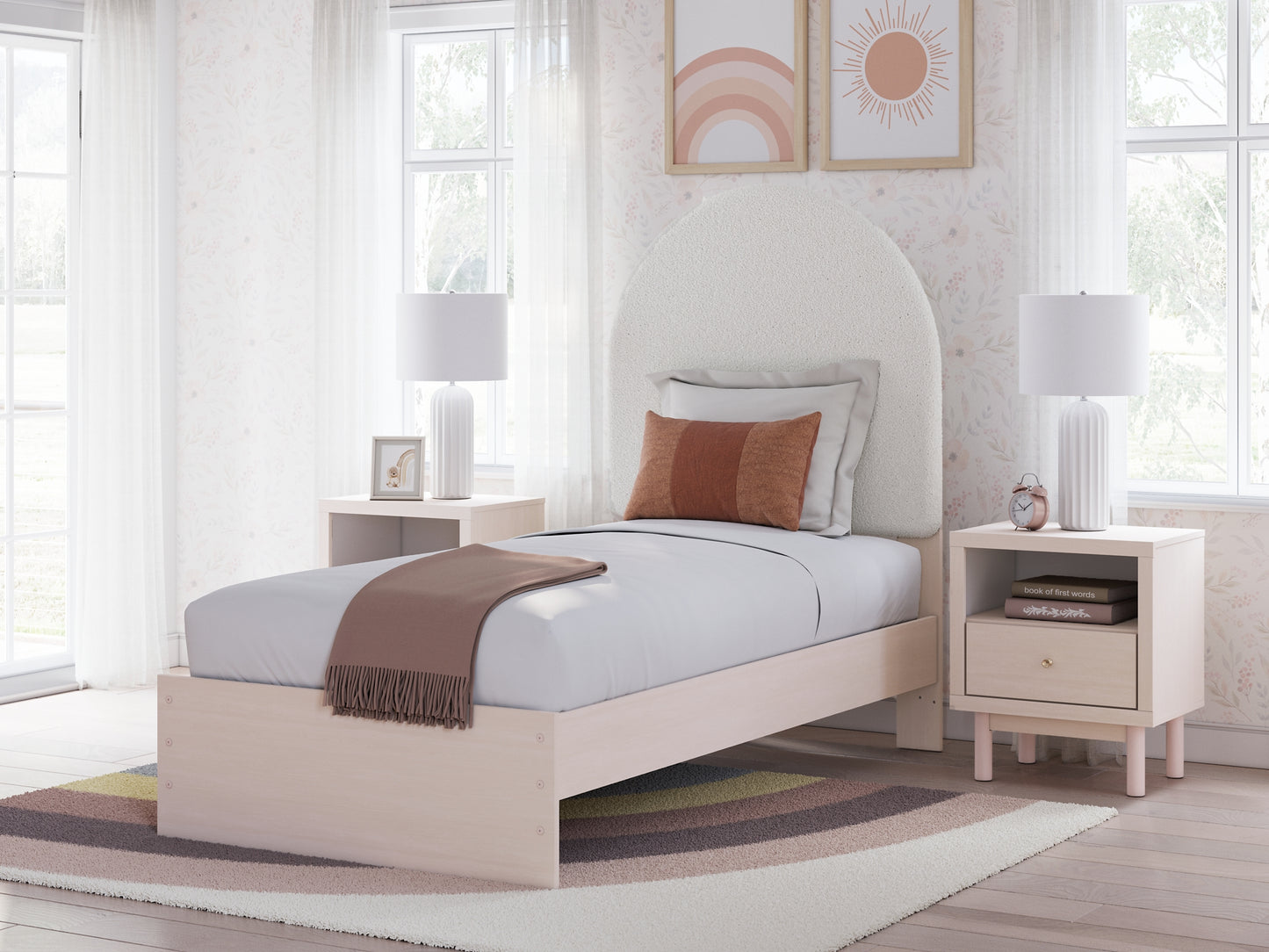 Wistenpine Twin Upholstered Panel Bed with Mirrored Dresser, Chest and Nightstand