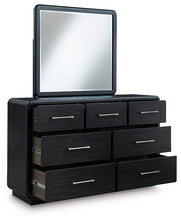 Load image into Gallery viewer, Rowanbeck Queen Upholstered Panel Bed with Mirrored Dresser and Chest
